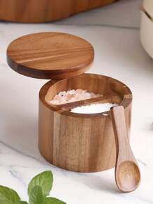 1 pieza Salero y pimentero de madera con cuchara - Estilo país almacenamiento de especias y condimentos para la cocina - color madera - Ver 12