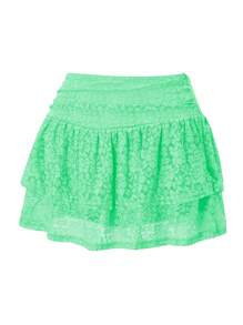 Women Tiered Ruffled Short Skirts Floral Lace Sheer Mid Rise Lined Cute Flowy Mini Skirts - Green - View 2