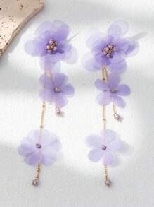 1 par de pendientes largos con colgantes de flores de tela morada, adecuados para uso diario