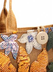 1pc Multicolor Sequin Mesh Patchwork Tote Bag, Fashionable Floral & Leaf Embroidered Linen Handbag For Women, Large Capacity Square Casual Beach Vacation Shopping Bag (Floral Pattern Randomly Distributed), Beach Essentials, Summer Women Bag,Perfect For Travel, Holiday & Beach, Sparkling Sequin Bags Ladies Elegant - Orange - View 8