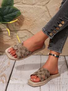 女士复古风格刺绣一脚蹬拖鞋，防滑室内外休闲罗马沙滩凉鞋