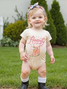 Newborn Baby Girl Western Outfits Cowgirl Howdy Boots Bodysuit Short Sleeve Bubble Romper Infant Summer Clothes - 杏色 - 查看 2