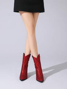 Women's Rhinestone Western Cowboy Boots Fashion Chunky Heel Pointed Toe Glitter Ankle Boots For Outdoor Party,Side Zipper Comfortable Rhinestone Short Boots - Red - View 2