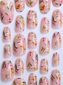 24 片蜜蜂图案杏仁按压指甲粉色花朵蜜蜂采蜜春季旅行短杏仁假指甲 Y2K 田园风格植物指甲带果冻胶 1 片锉刀条指甲用品指甲