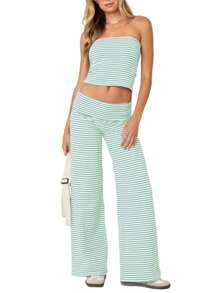 Women's Summer Clothes Stripe Outfits Strapless Tube Tops With Fold Over Waist Long Pants Casual Outfits - 綠色 - 查看 1