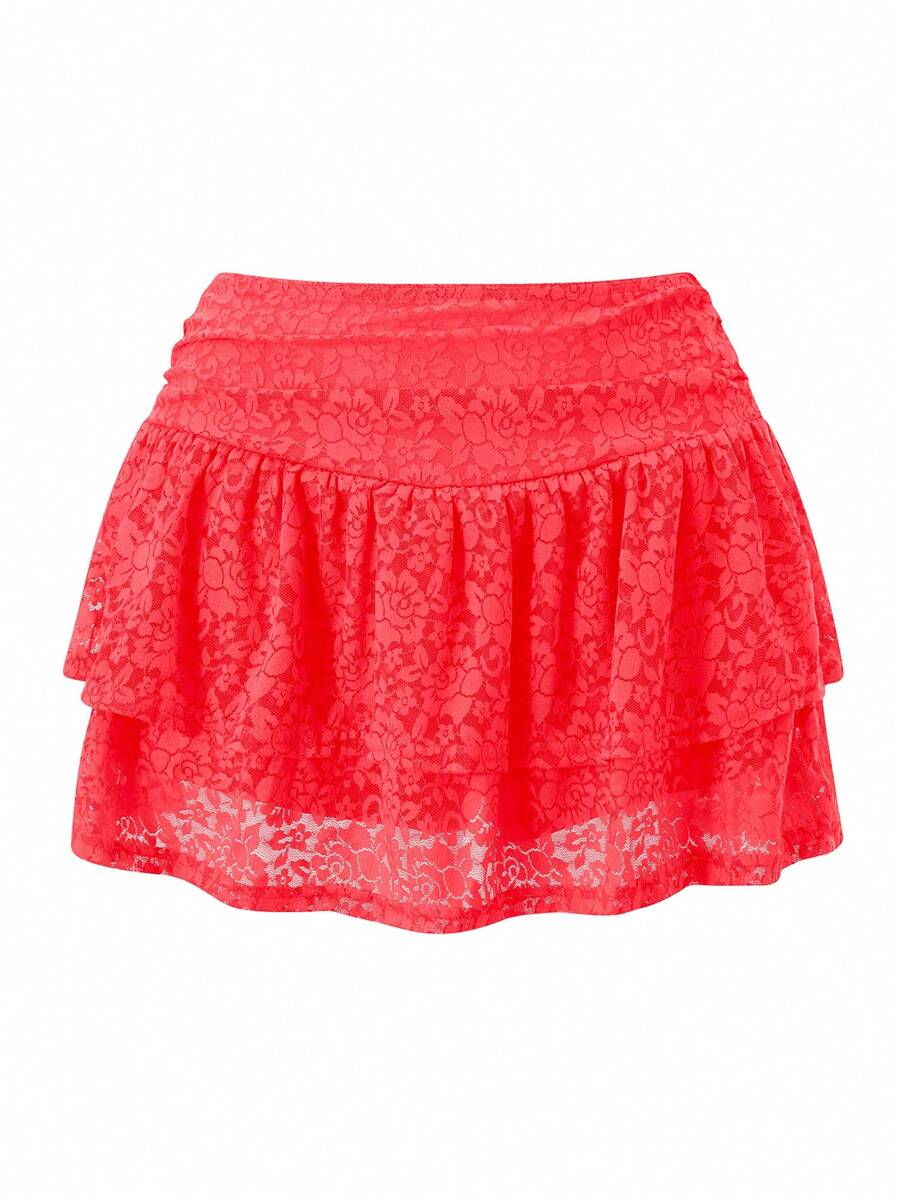 Women Tiered Ruffled Short Skirts Floral Lace Sheer Mid Rise Lined Cute Flowy Mini Skirts - Red - View 1