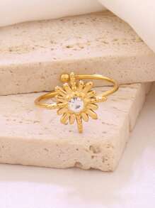 1 pieza Anillo abierto de mujer de acero inoxidable con circonita, diseño simple y asimétrico, anillo ajustable exquisito de joyería femenina - anillo - Ver 3