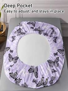 3/4pcs Purple Butterfly Pattern Print Polyester Sheet Set, Idyllic Style Soft Breathable Flat Sheet & Fitted Sheet Bedding Set For All Seasons (1 Flat Sheet+ 1 Fitted Sheet+ 1/2 Pillow Shams)