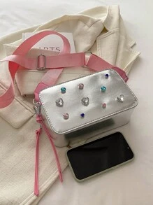 1pc Dopamine Colorblock PU Letter Patchwork Camera Bag With Dual Zipper, Adjustable Strap, Fashionable Women Crossbody Bag - Bright silver - View 5
