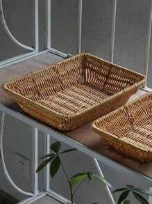1 chiếc giỏ đựng đồ dệt hình bầu dục đa năng - Thiết kế bằng mây nhựa, dùng để đựng trái cây, đồ ăn nhẹ, đồ dùng, hoa, đồ gia dụng, đồ trang trí cho kệ, phòng, nhà - Hình chữ nhật màu vàng - Xem 3