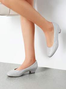 Women's Wide Fit Low Chunky Heel Pump Elegant Solid Color Shoes - Metallic Silver - View 1