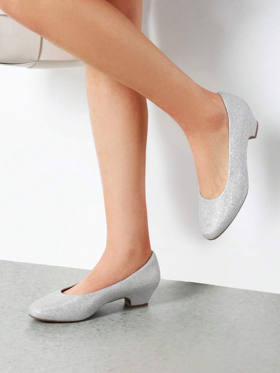 Women's Wide Fit Low Chunky Heel Pump Elegant Solid Color Shoes - Metallic Silver - View 1