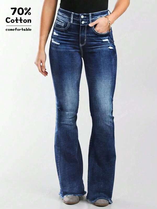 Women's Vintage Washed Double Waistband Flare Leg Jeans, Suitable For Commuting, Autumn