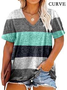 Plus Size Women Striped V-Neck Casual T-Shirt