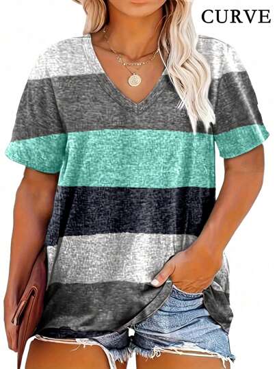 Plus Size Women Striped V-Neck Casual T-Shirt
