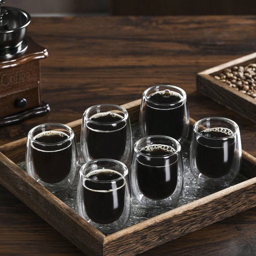 意式浓缩咖啡杯套装 4-6 件套，双层玻璃咖啡杯 4 盎司，透明玻璃咖啡杯隔热意式浓缩咖啡杯硼硅酸盐双层玻璃杯意式浓缩咖啡小玻璃杯，隔热耐热玻璃杯（无手柄）返回学校 - 透明 - 查看 1