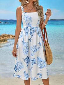 Midi-Kleid mit Blume Muster, Reißverschluss, quadratischem Ausschnitt und taillierter A-Linie-Form