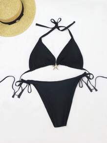Set bikini da donna taglie forti composto da 2 pezzi, nuovo, sexy, con laccio al collo, colore unito, decorato con stelle marine, adatto per vacanze al mare estive