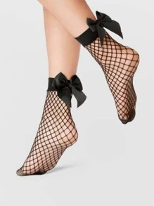 1 paire de bas à nœud papillon en maille pour enfants, style princesse avec chaussettes en soie blanche et chaussettes en résille noire, pour adolescents