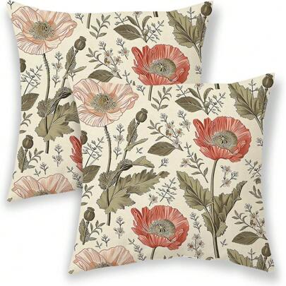 2pcs Spring Pillowcase Sage Green-Red Vintage Floral Decoration Pillow, Floral Plant Summer Outdoor Seasonal Decoration Pillowcase Linen Sofa Cushion Cover Single Side Without Pillow Core