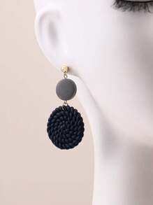 1 Pair Handmade Soft Clay Solid Navy Blue Braided Round Wood Earrings, Personalized Naturalistic Style For Women, Suitable For Vacation, Party, Also As A Gift - Navy Blue - View 3