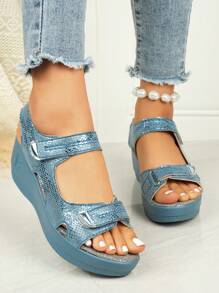 2025 New Summer Casual Platform Sandals, Metal Buckle Decor, Faux Linen Rope, Lightweight, Open Toe Elastic Strap Sandals - Blue - View 3