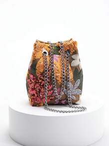1pc Multi-Color Linen Textured Bucket Bag With Sequin Embroidery, Fashionable Shoulder Bag - Multicolor - View 1