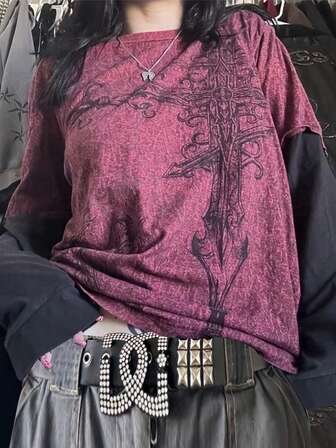 Women's Y2K Print Dual Sleeve T-Shirt, Fashionable For Summer