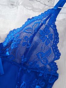Women's Solid Color Mesh Contrast Lace See-Through Sexy Camisole Nightgown, Rave - Royal Blue - View 4