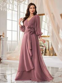 SUPGIR Long Sleeve Lantern Dress With 3D Flower, V-Neck And Front Slit, Pleated Accent, Wedding Guest Dress Party Dress Formal Dress Evening Dress,Gown - Dusty Pink - View 5