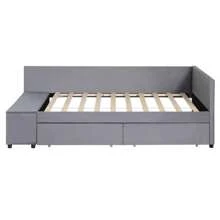 Cama doble con plataforma y almacenamiento en forma de L tapizada, en color gris - Gris + Terciopelo + Twin - Ver 8