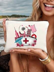 Sac de rangement thème infirmière, sac de beauté, trousse de maquillage avec motif de casquette d'infirmière, tube à aiguille, pilule, sac de perfusion, stéthoscope - Un cadeau parfait pour les infirmières ! Peut ranger les cosmétiques, les outils de beauté, le vernis à ongles, les pilules et d'autres articles, adapté pour sortir
