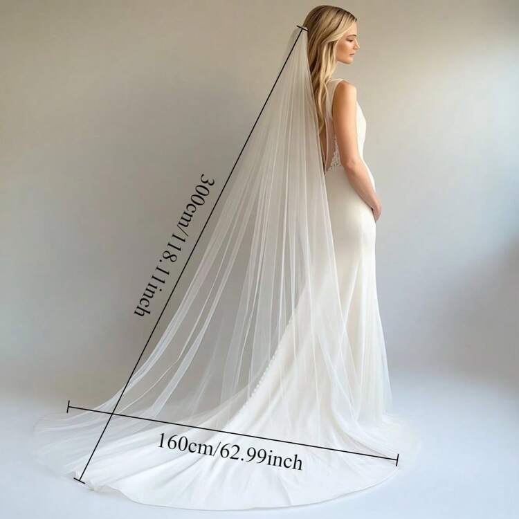 הינומה ארוכה ורכת עשויה טול, שכבה אחת עם קצה גזור נקי, הינומה פשוטה לכלה, בגדי סתיו לנשים - ריבוי צבעים - ראה 2