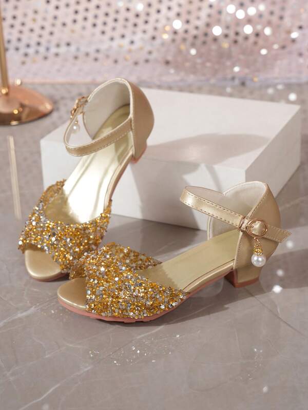 1 Pair Girls Glittery High Heel Princess Sandals, Suitable For Summer