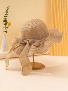 1 件男女通用幼儿亚麻面料蝴蝶结装饰简约休闲波浪风格草编太阳帽，适合夏季外出、日常生活防晒、沙滩度假装、儿童节礼物、婚礼季节服装