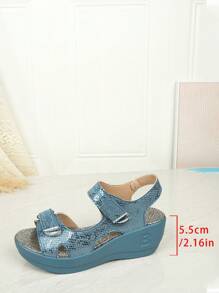 2025 New Summer Casual Platform Sandals, Metal Buckle Decor, Faux Linen Rope, Lightweight, Open Toe Elastic Strap Sandals - Blue - View 6