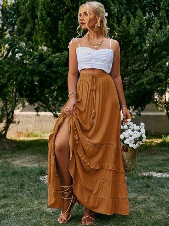 Simplee 캐주얼한 휴가 웨스턴 스타일 여성 루즈핏 프린지 러플 헴 스커트