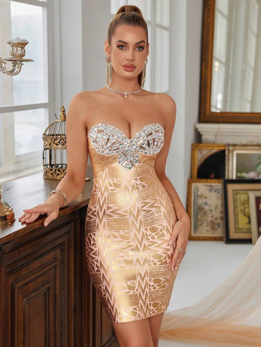 Hot Gold Shiny Diamonds Sheath Short Dress Party Bodycon Bandage Evening Gowns