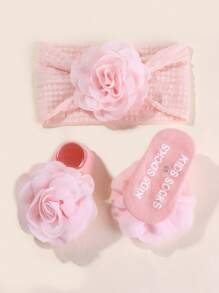 1 set de bandeau et chaussettes élastiques en nylon à décoration florale pour bébé