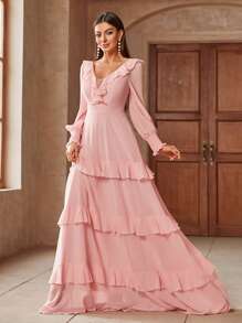 Elegantes, einfarbiges, ausgestelltes Maxi-Brautjungfernkleid mit Rüschensaum - Pink - Übersicht 1