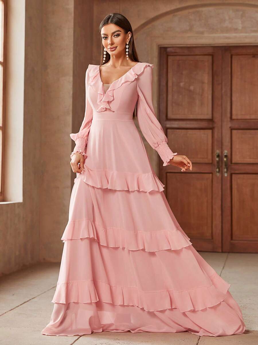 Elegantes, einfarbiges, ausgestelltes Maxi-Brautjungfernkleid mit Rüschensaum - Pink - Übersicht 1