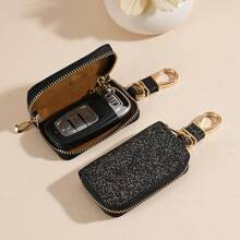 Car Key Bag Uniform Car Key Storage Bag Creative Keychain Blingbling Car Key Protector Secure Zipper Closure Protector Stylish Waist Pocket Car Key Protector Unisex For Women Mini Wallet,1pc Black & Gold PU Leather Car Key Case - Multicolor - View 3