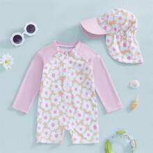 Toddler Baby Girl One Piece Swimsuit UPF 50+ Sun Protection Long Sleeve Rash Guard Bathing Suit Swimwear Sunhat Set - Pink - View 1