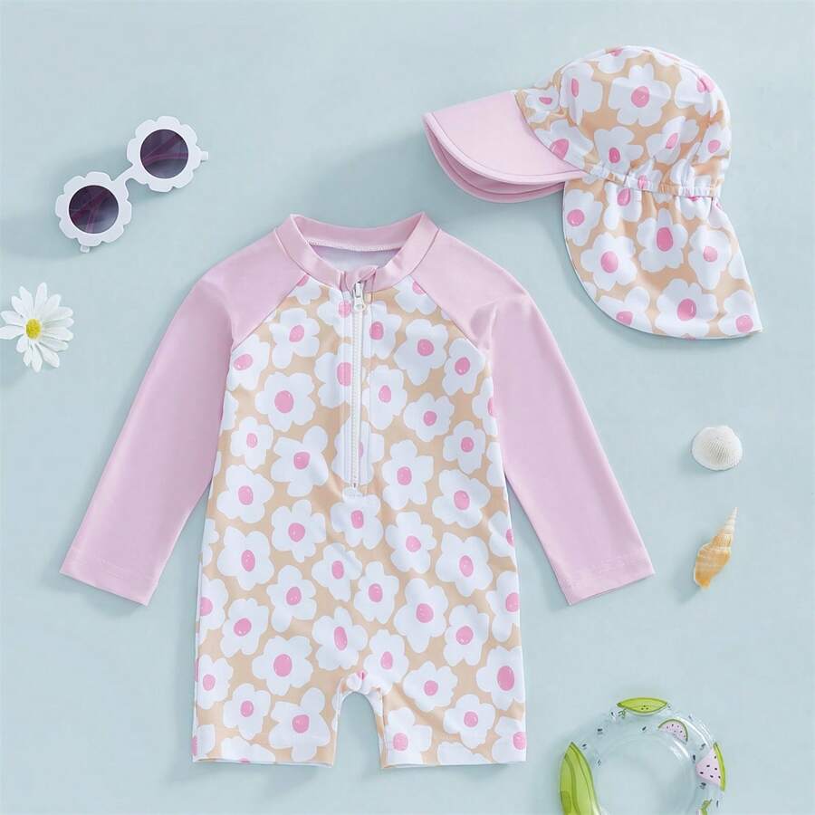 Toddler Baby Girl One Piece Swimsuit UPF 50+ Sun Protection Long Sleeve Rash Guard Bathing Suit Swimwear Sunhat Set - Pink - View 1