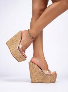 Sandalias de plataforma y cuña retro para mujer con suela gruesa impermeable de patrón de madera, tira transparente de Lucite, banda elástica, correa para el tobillo y tacón grueso alto para uso casual, estilo bohemio y playa