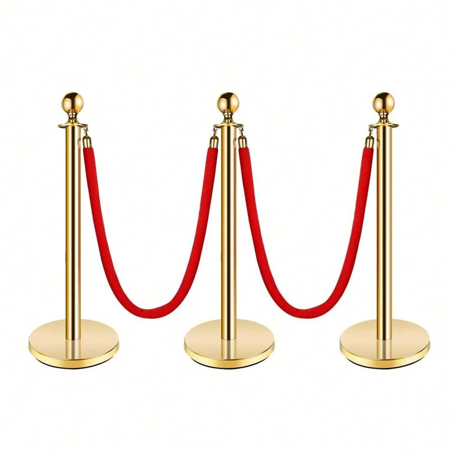 Danolapsi Gold Stanchion Post,Red Carpet Ropes And Pole,Stainless Steel Crowd Control Barriers,Safety Barriers With 5 Ft Velvet Rope For Theaters Parties Wedding Museums Exhibition - 3 Pack | 2 velvet ropes - View 1