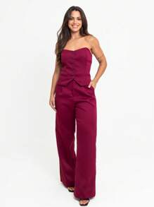 Women's Tailored Set, Wide Leg Pants And Cropped Top - Burgundy - View 1