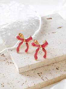 1 对时尚可爱蝴蝶结耳环（女士） - 玫紅色 - 查看 2