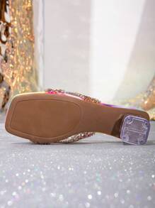 Nowe letnie modne damskie sandały na wysokim obcasie, elegancki glamour, lśniące kryształki ozdobne, krzyżujące się paski podkreślają kobiecy urok, średni obcas, kryształowo przezroczysty, przezroczysty obcas, duże rozmiary damskie sandały, odpowiednie do codziennego noszenia, podróży, imprezy, na plażę
