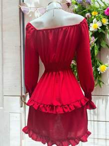 SHORT DRESS WITH LONG SLEEVES AND SPRING, COUNTRY STYLE, DOUBLE Ruffle, CEY FABRIC. MOD. ELSIE - Red - View 6